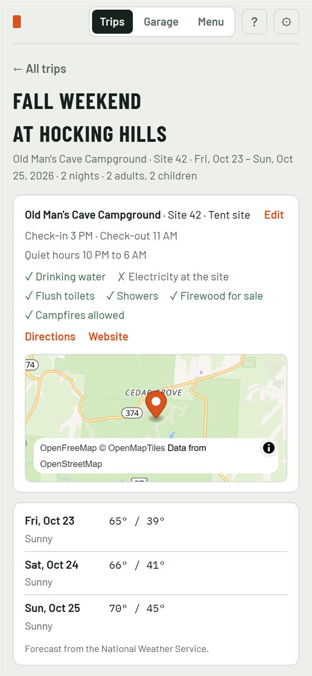 Camp Planner on a phone: a fall weekend at Old Man's Cave Campground with check-in times, site details, a map and the forecast