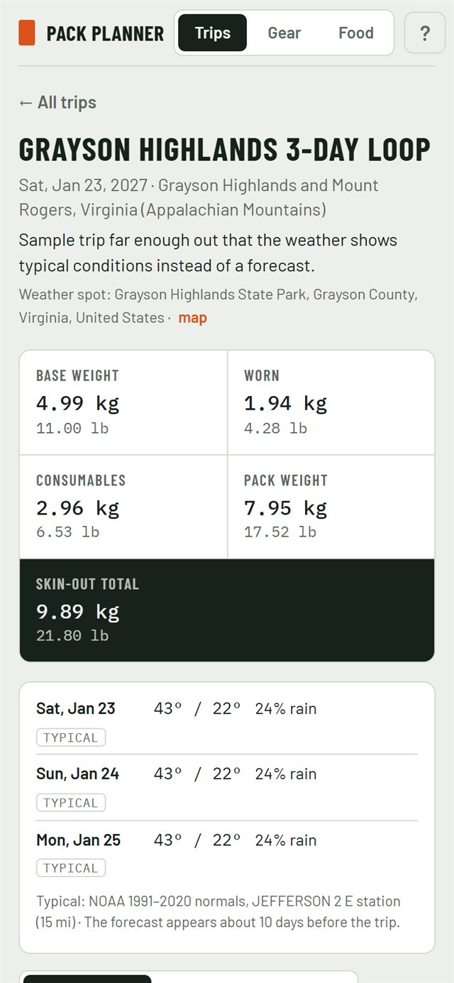 Pack Planner on a phone: a three-day trip with base weight 11.00 lb, pack weight 17.52 lb, and typical weather for each day